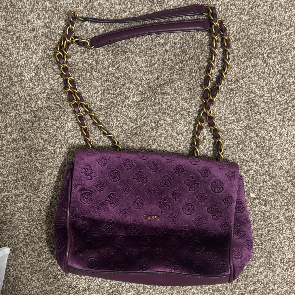 Guess Embossed Purple Shoulder Bag With Chain Strap